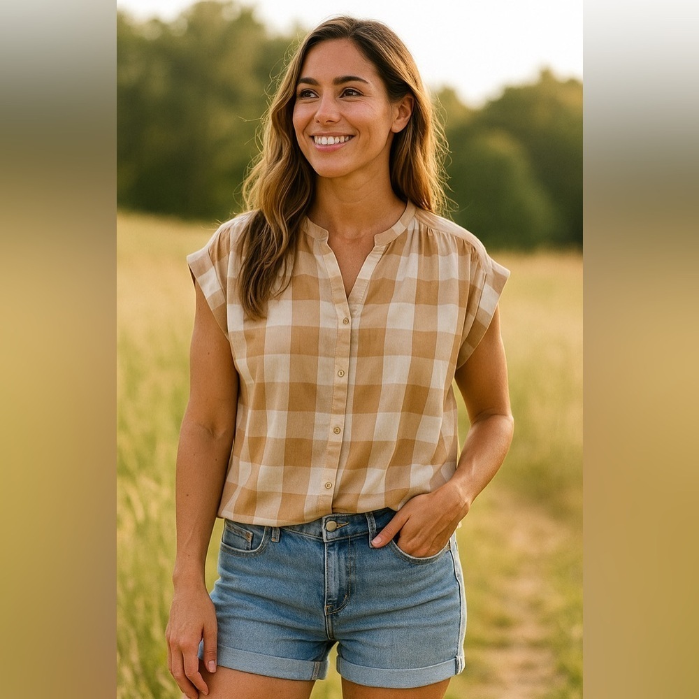 GAP Shirred Button front shirt Tan Plaid Top Farmhouse Feminine size small